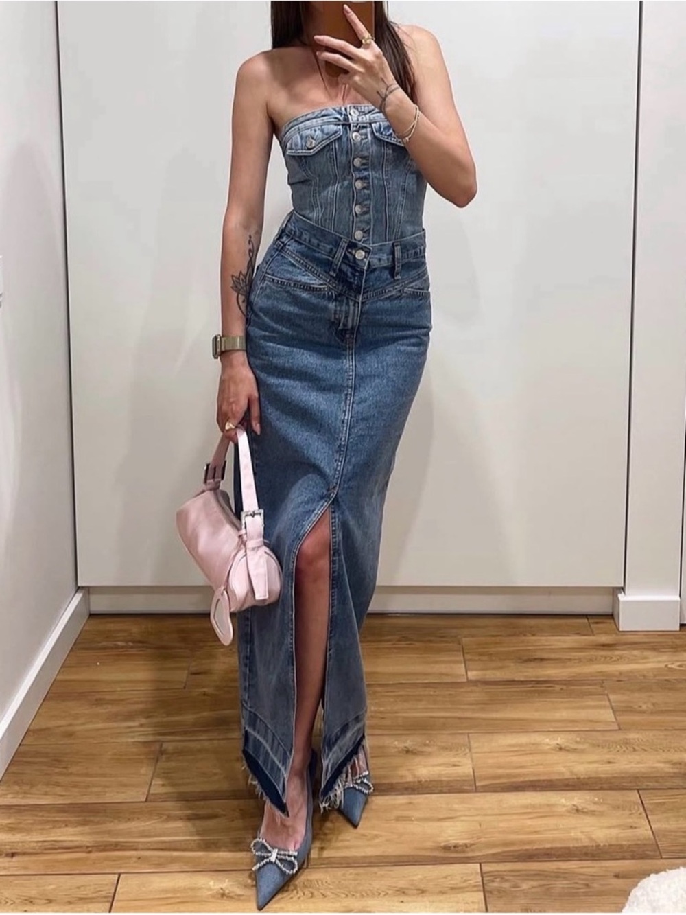 Mango Strapless Blue Denim Maxi Skirt with Front Slit